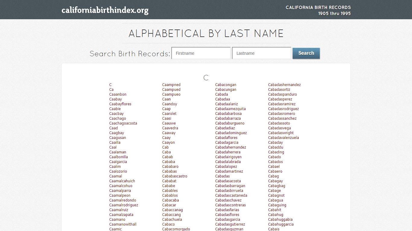 Alphabetical by Last Name - California Birth Index